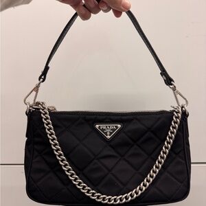 Prada Tessuto Black Quilted Crossbody Bag with Silver Chain